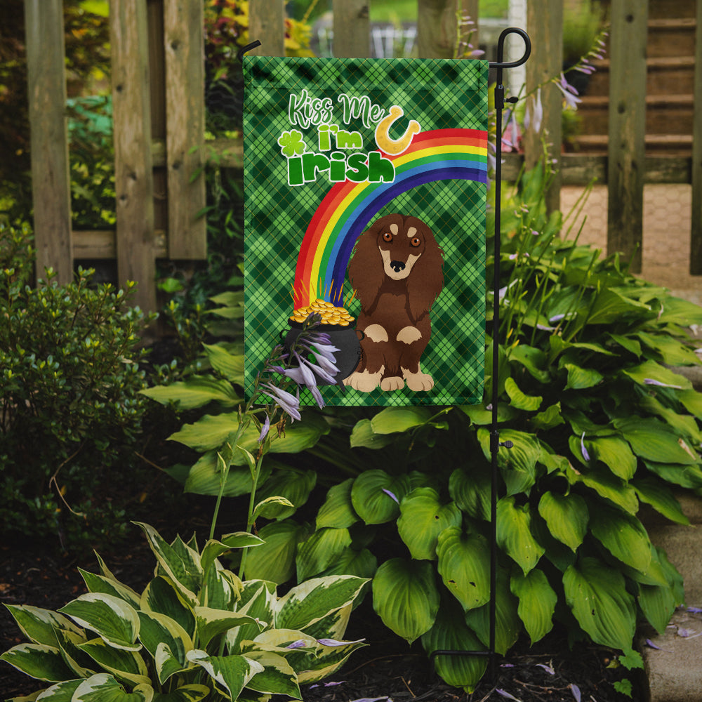 Longhair Chocolate and Cream Dachshund St. Patrick's Day Flag Garden Size  the-store.com.