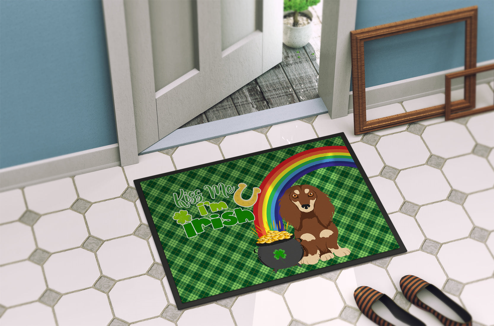 Longhair Chocolate and Cream Dachshund St. Patrick's Day Indoor or Outdoor Mat 24x36 - the-store.com