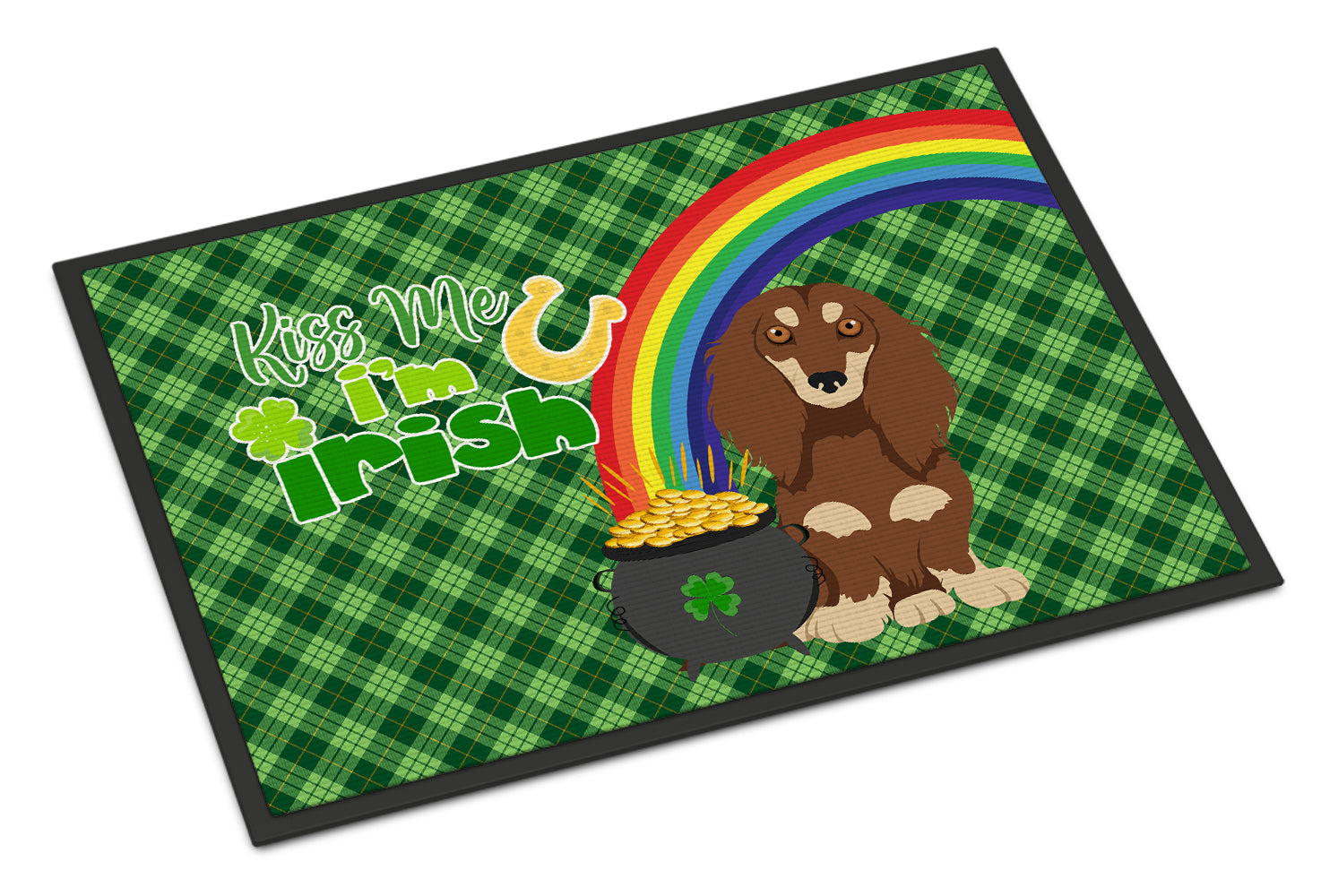 Buy this Longhair Chocolate and Cream Dachshund St. Patrick's Day Indoor or Outdoor Mat 24x36