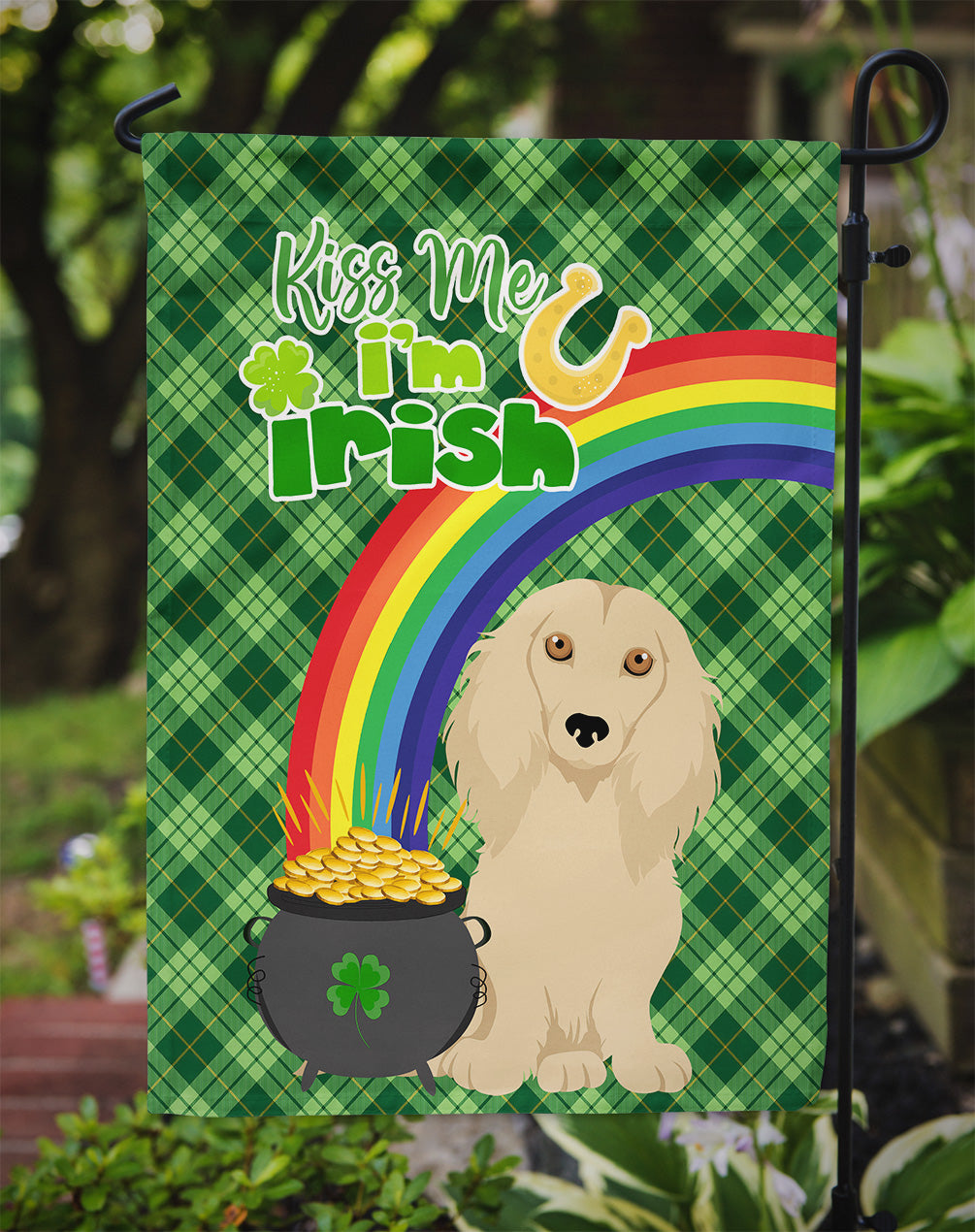 Longhair Cream Dachshund St. Patrick's Day Flag Garden Size  the-store.com.