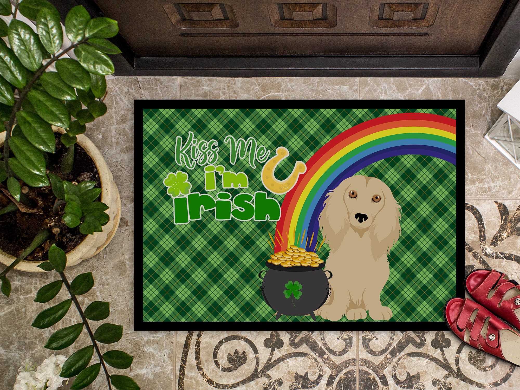 Longhair Cream Dachshund St. Patrick's Day Indoor or Outdoor Mat 24x36 - the-store.com