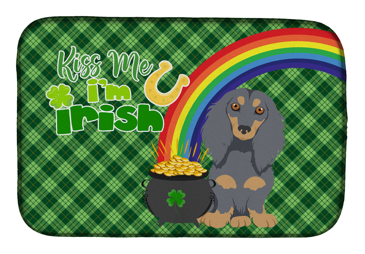 Longhair Blue and Tan Dachshund St. Patrick&#39;s Day Dish Drying Mat  the-store.com.