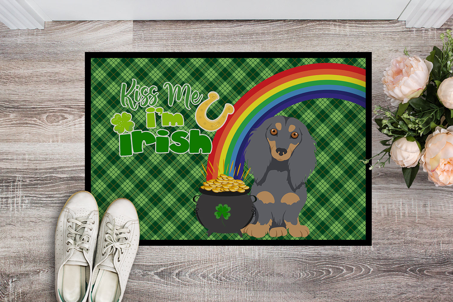 Buy this Longhair Blue and Tan Dachshund St. Patrick's Day Indoor or Outdoor Mat 24x36