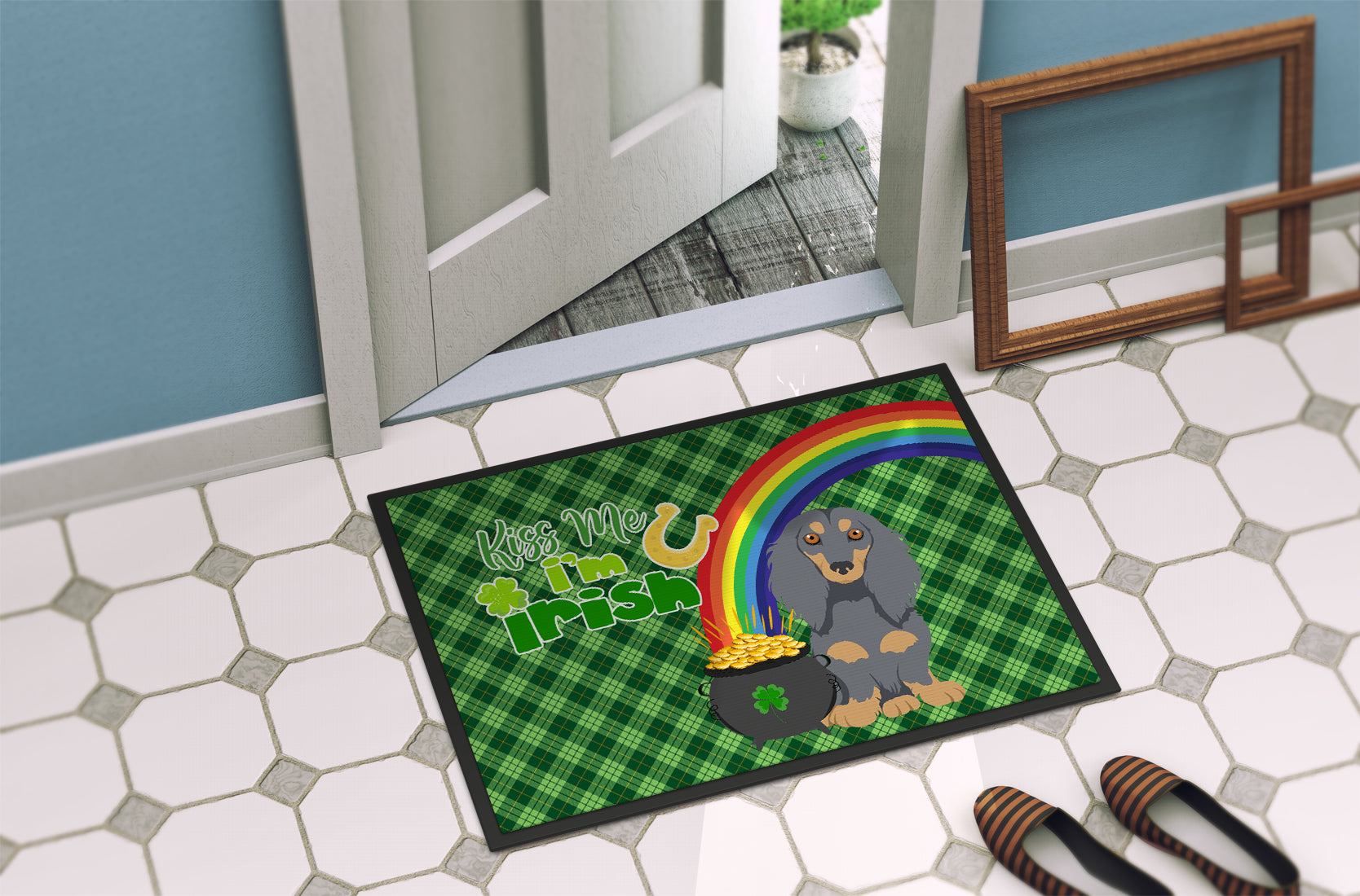 Longhair Blue and Tan Dachshund St. Patrick's Day Indoor or Outdoor Mat 24x36 - the-store.com