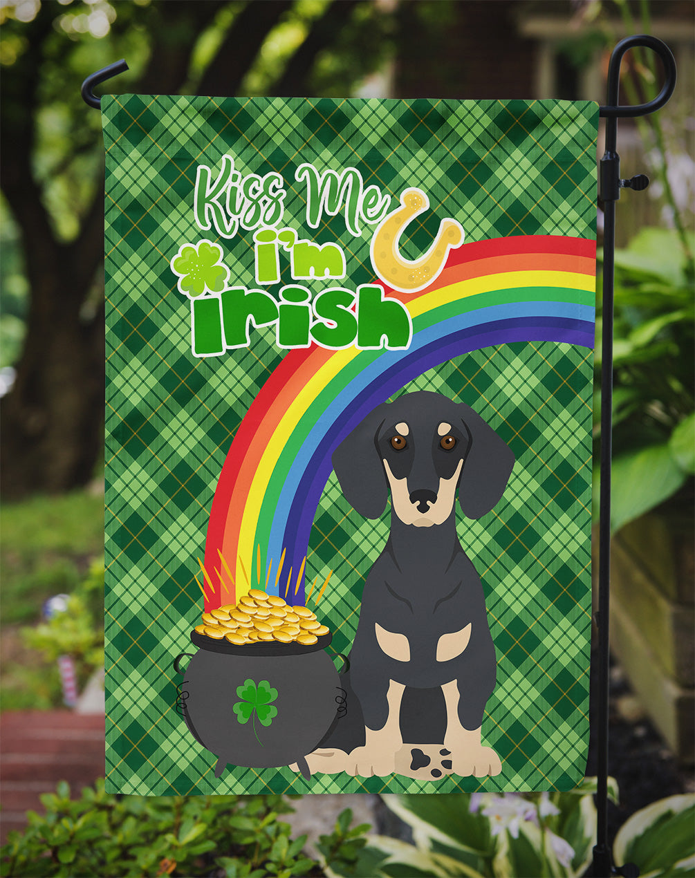 Black and Cream Dachshund St. Patrick's Day Flag Garden Size  the-store.com.