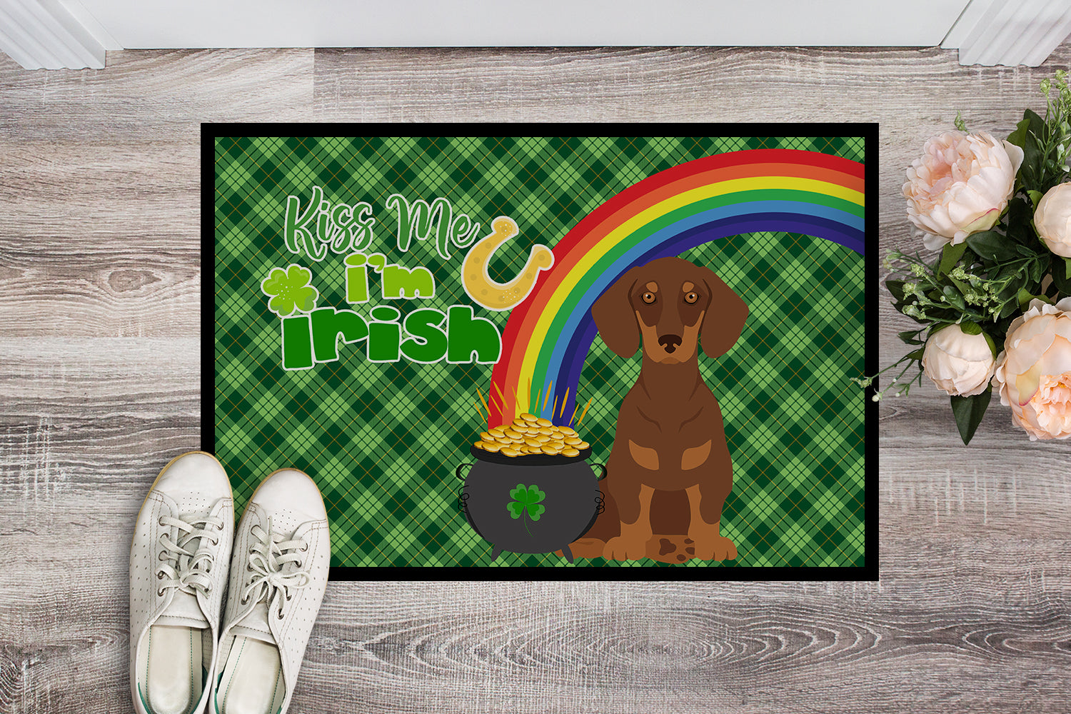 Chocolate and Tan Dachshund St. Patrick's Day Indoor or Outdoor Mat 24x36 - the-store.com