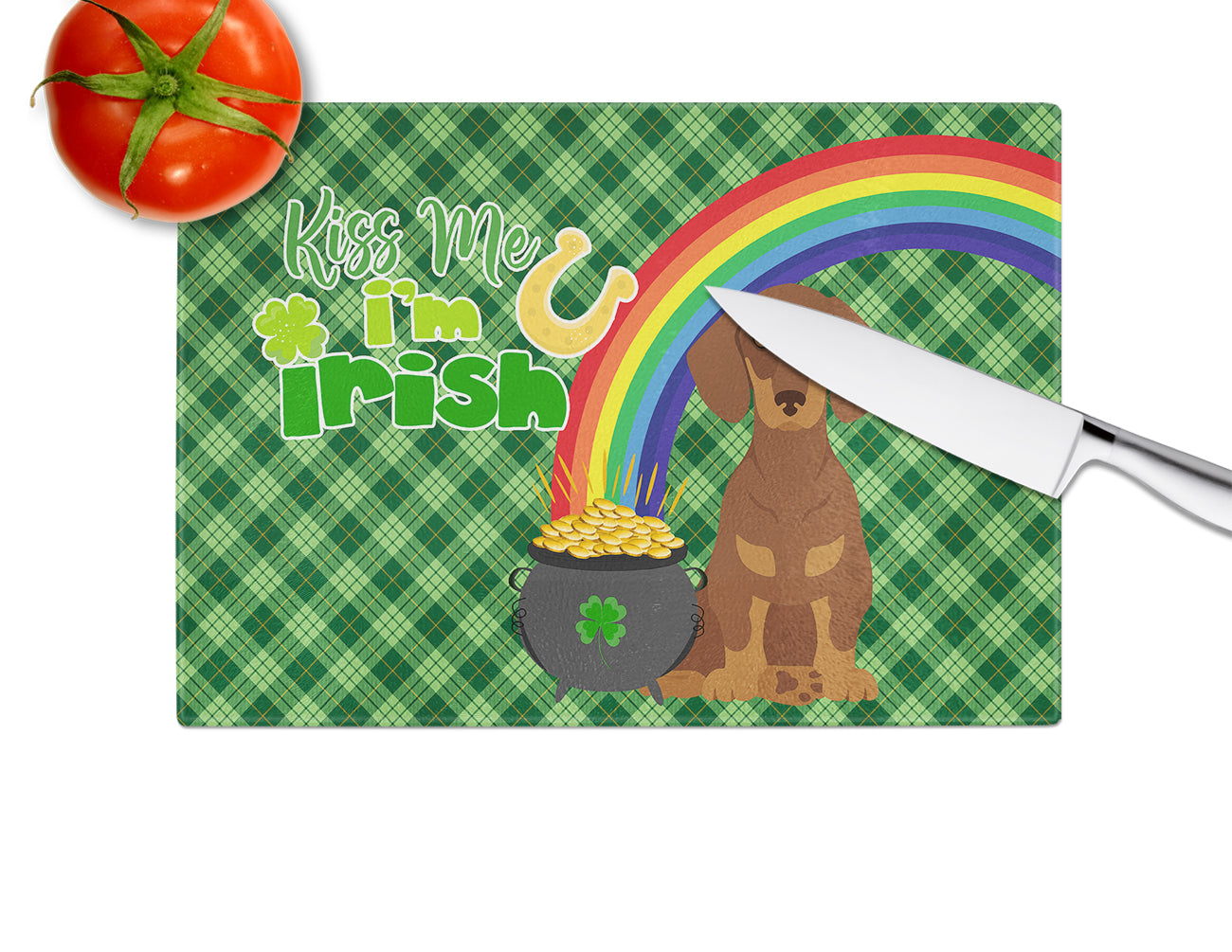Chocolate and Tan Dachshund St. Patrick's Day Glass Cutting Board Large - the-store.com