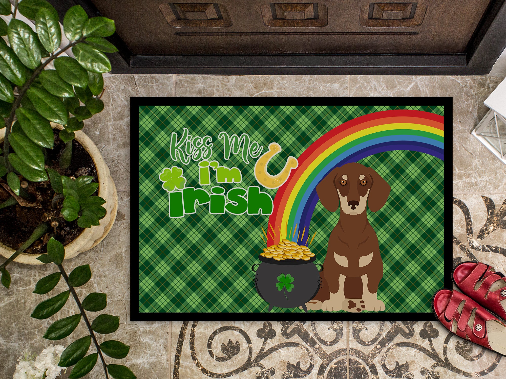 Chocolate and Cream Dachshund St. Patrick's Day Indoor or Outdoor Mat 24x36 - the-store.com