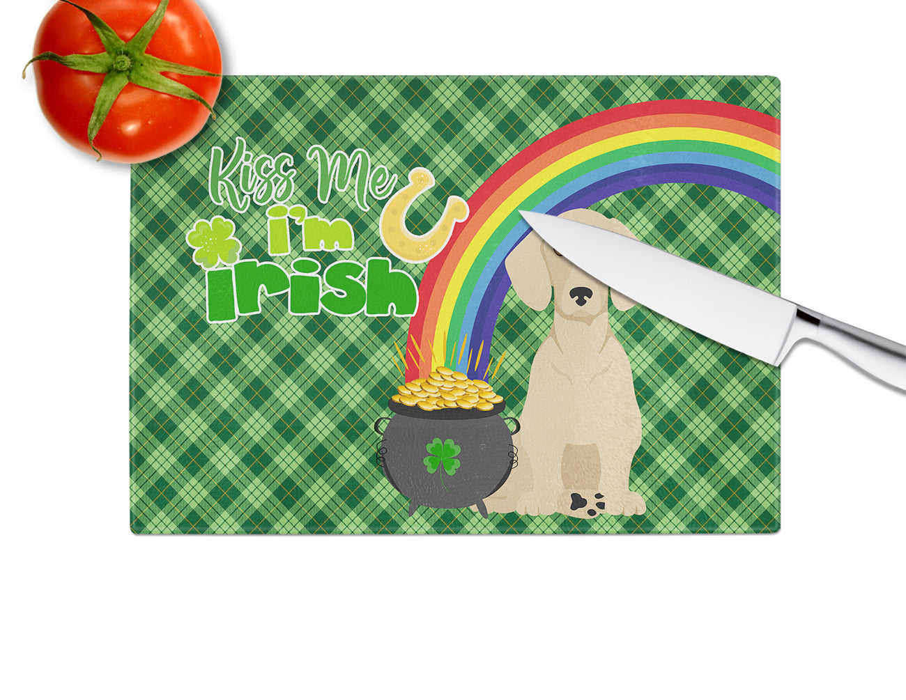Cream Dachshund St. Patrick's Day Glass Cutting Board Large - the-store.com