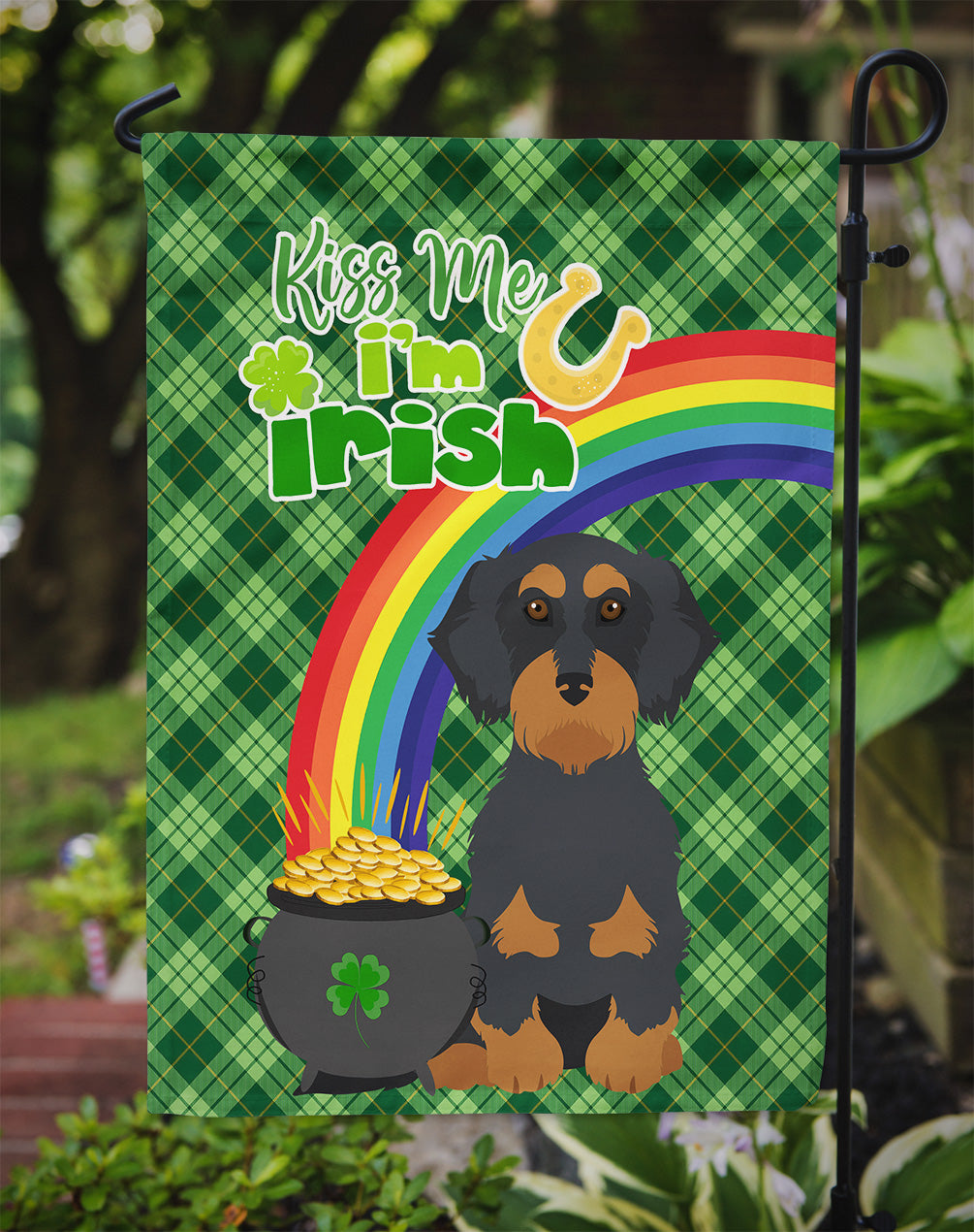 Wirehair Black and Tan Dachshund St. Patrick's Day Flag Garden Size  the-store.com.
