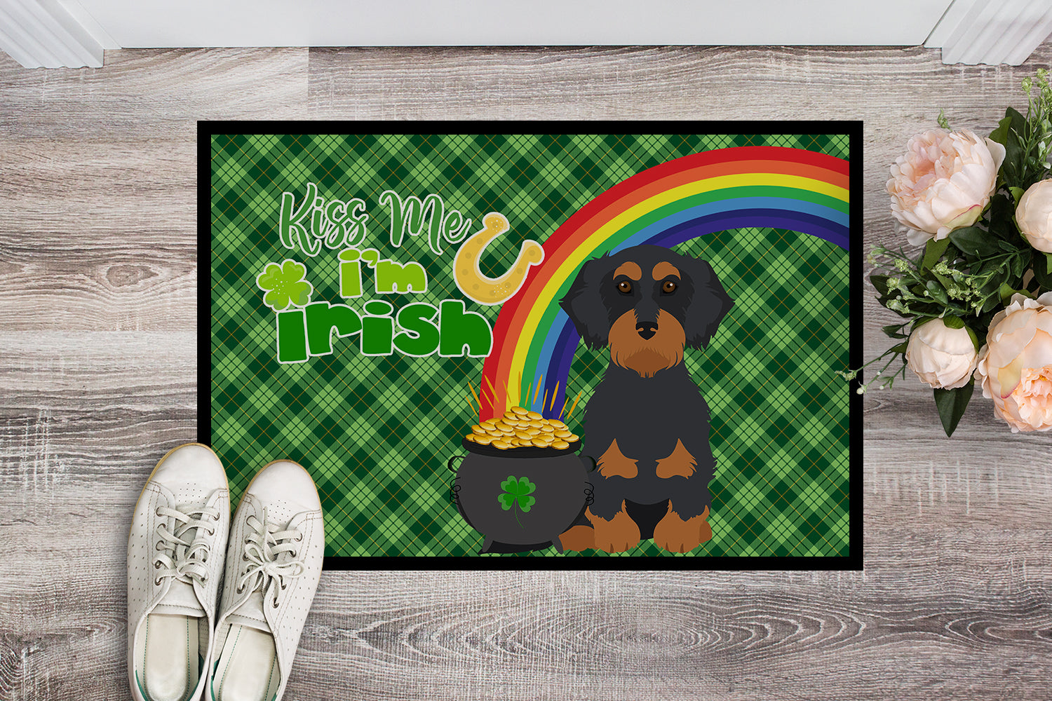 Wirehair Black and Tan Dachshund St. Patrick's Day Indoor or Outdoor Mat 24x36 - the-store.com
