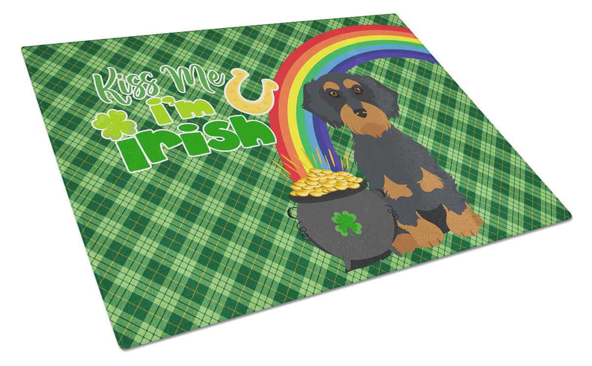 Buy this Wirehair Black and Tan Dachshund St. Patrick&#39;s Day Glass Cutting Board Large