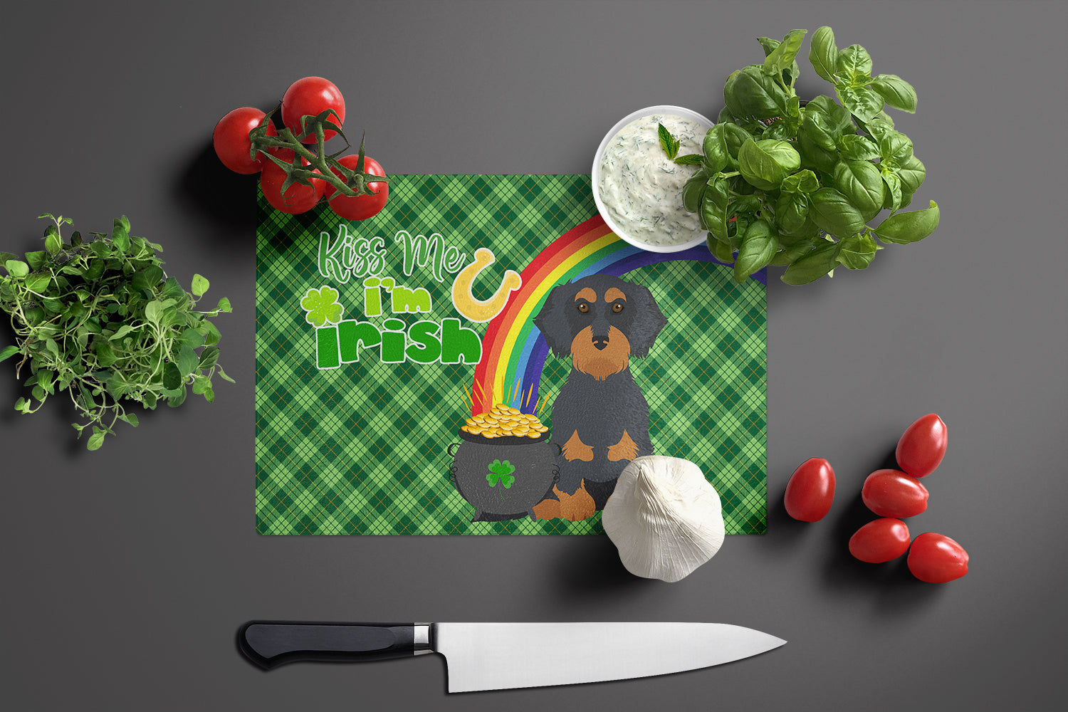 Wirehair Black and Tan Dachshund St. Patrick's Day Glass Cutting Board Large - the-store.com