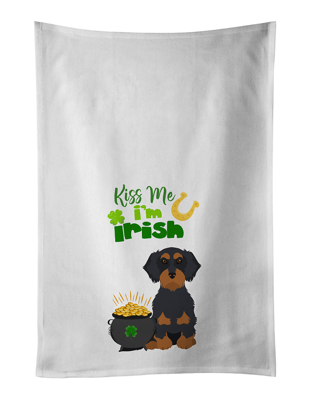 Buy this Wirehair Black and Tan Dachshund St. Patrick's Day White Kitchen Towel Set of 2 Dish Towels