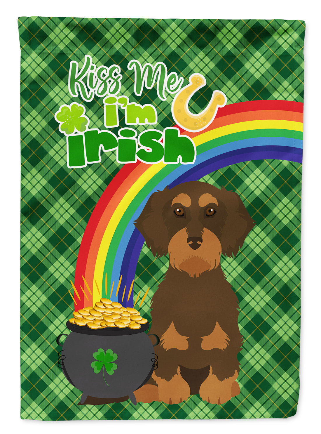 Wirehair Chocolate and Tan Dachshund St. Patrick's Day Flag Garden Size  the-store.com.