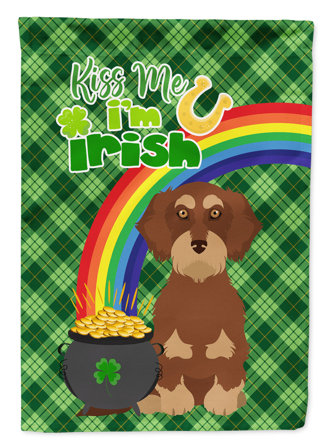 Wirehair Red and Tan Dachshund St. Patrick&#39;s Day Flag Garden Size  the-store.com.