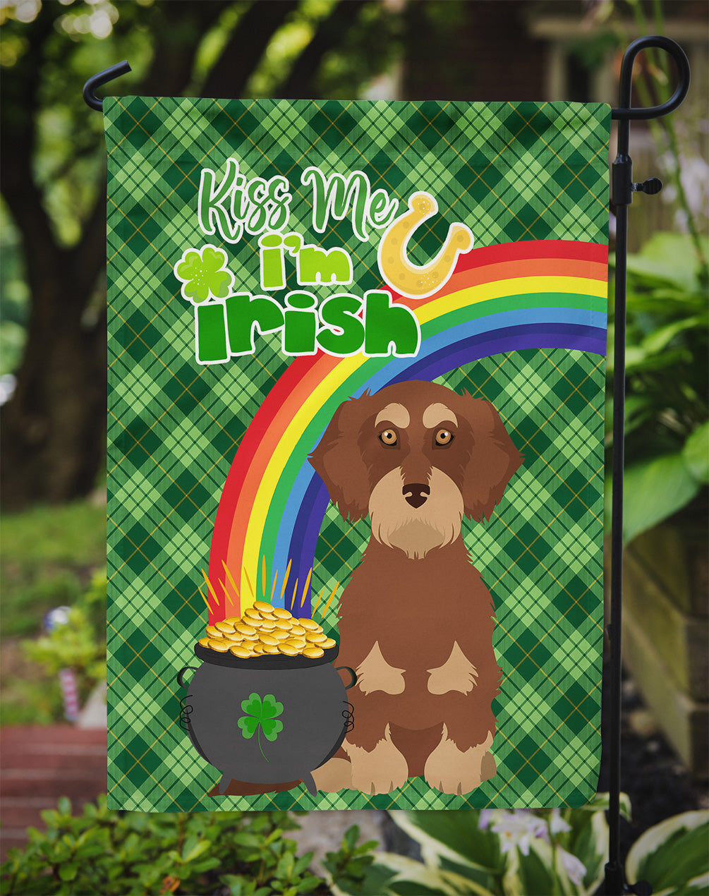 Wirehair Red and Tan Dachshund St. Patrick's Day Flag Garden Size  the-store.com.