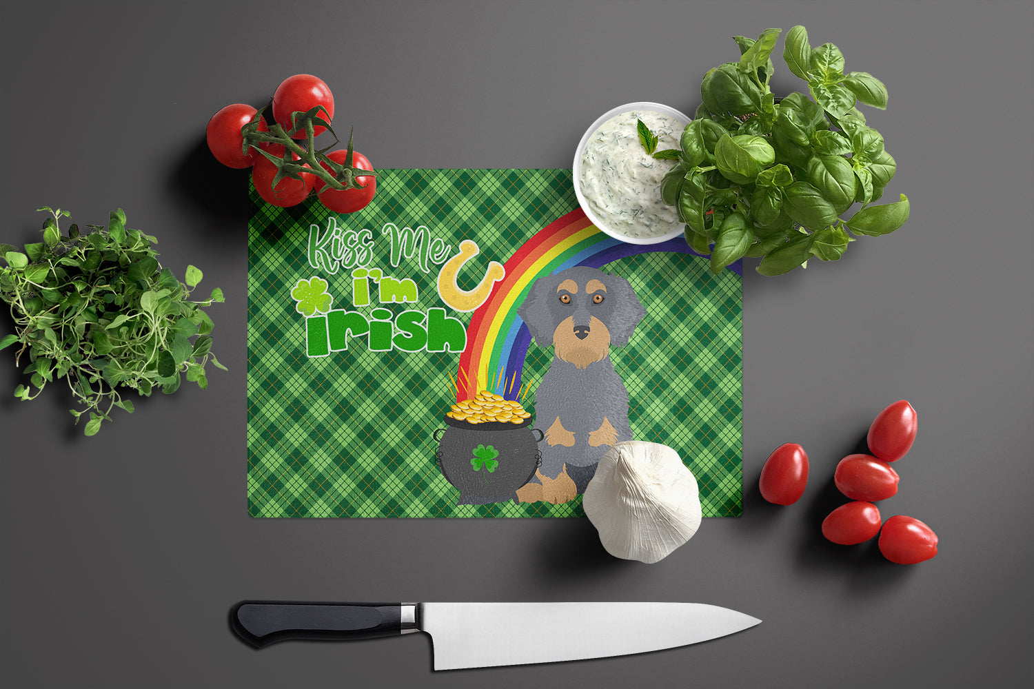 Wirehair Blue and Tan Dachshund St. Patrick's Day Glass Cutting Board Large - the-store.com