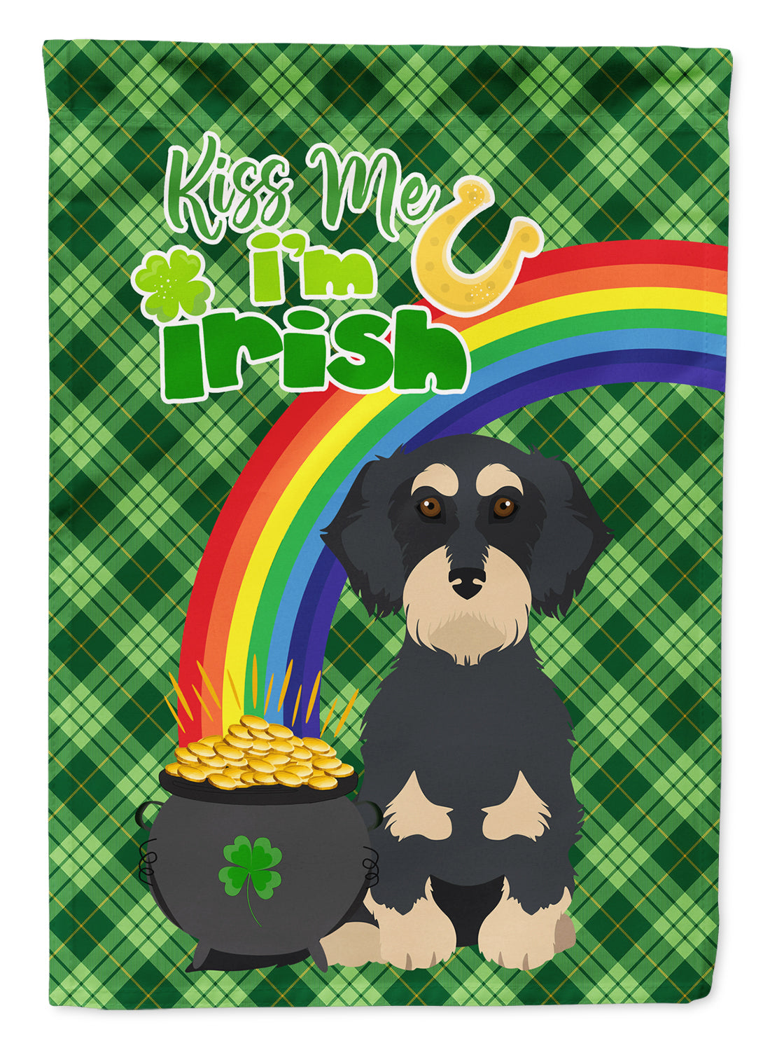 Wirehair Black and Cream Dachshund St. Patrick&#39;s Day Flag Garden Size  the-store.com.