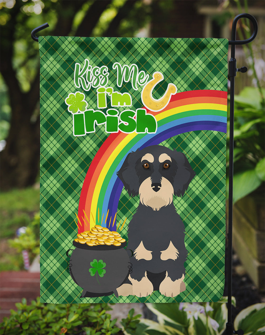 Wirehair Black and Cream Dachshund St. Patrick's Day Flag Garden Size  the-store.com.