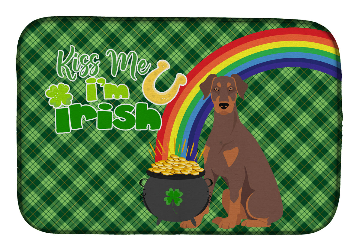 Natural Ear Red and Tan Doberman Pinscher St. Patrick&#39;s Day Dish Drying Mat  the-store.com.