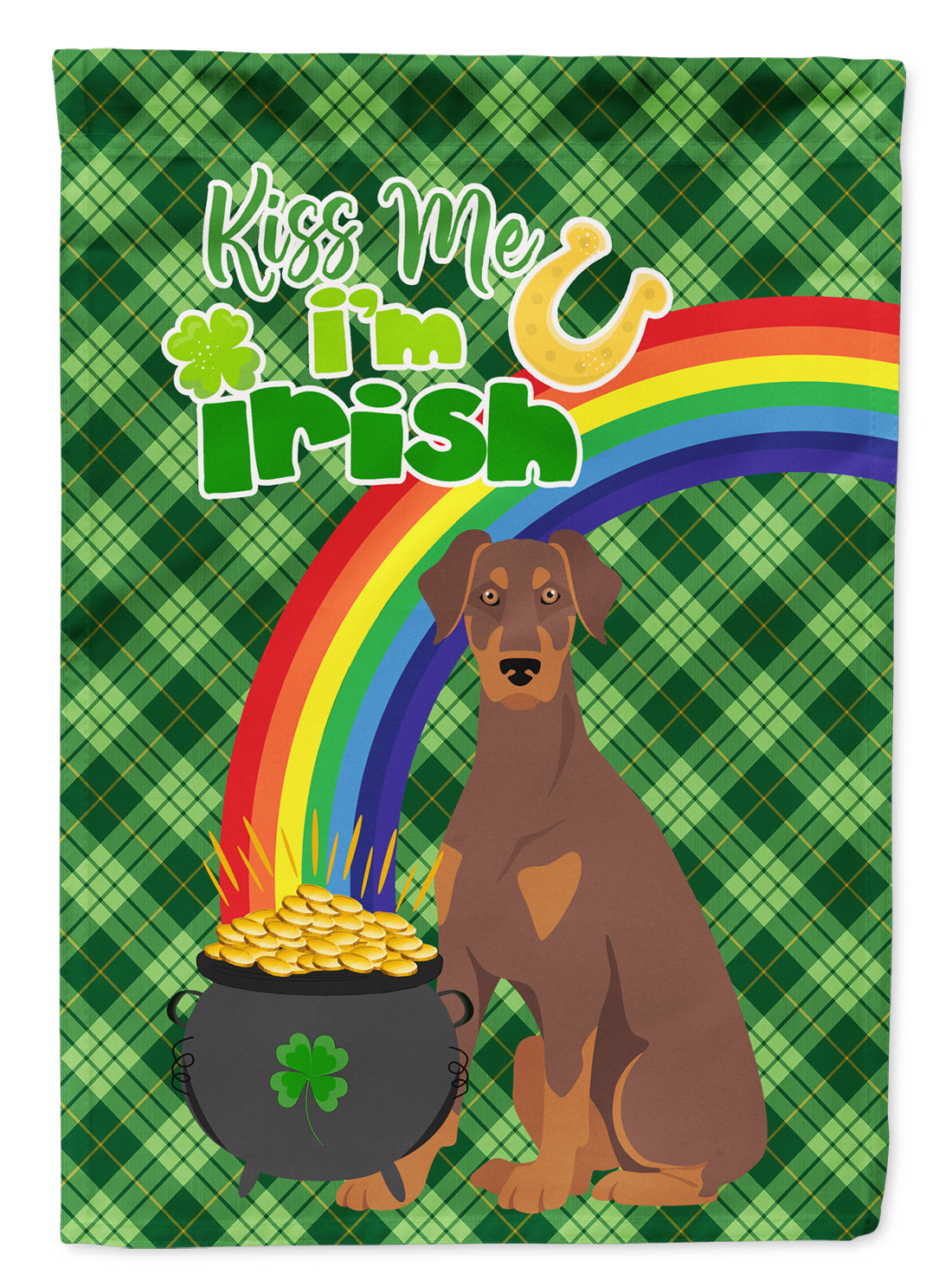 Natural Ear Red and Tan Doberman Pinscher St. Patrick's Day Flag Garden Size  the-store.com.