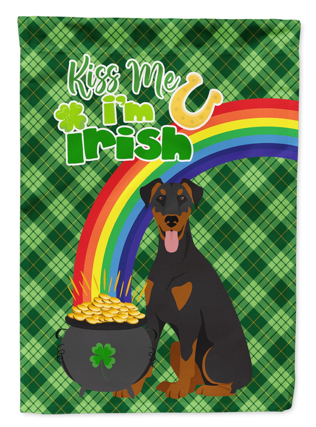 Natural Ear Black and Tan Doberman Pinscher St. Patrick's Day Flag Garden Size  the-store.com.