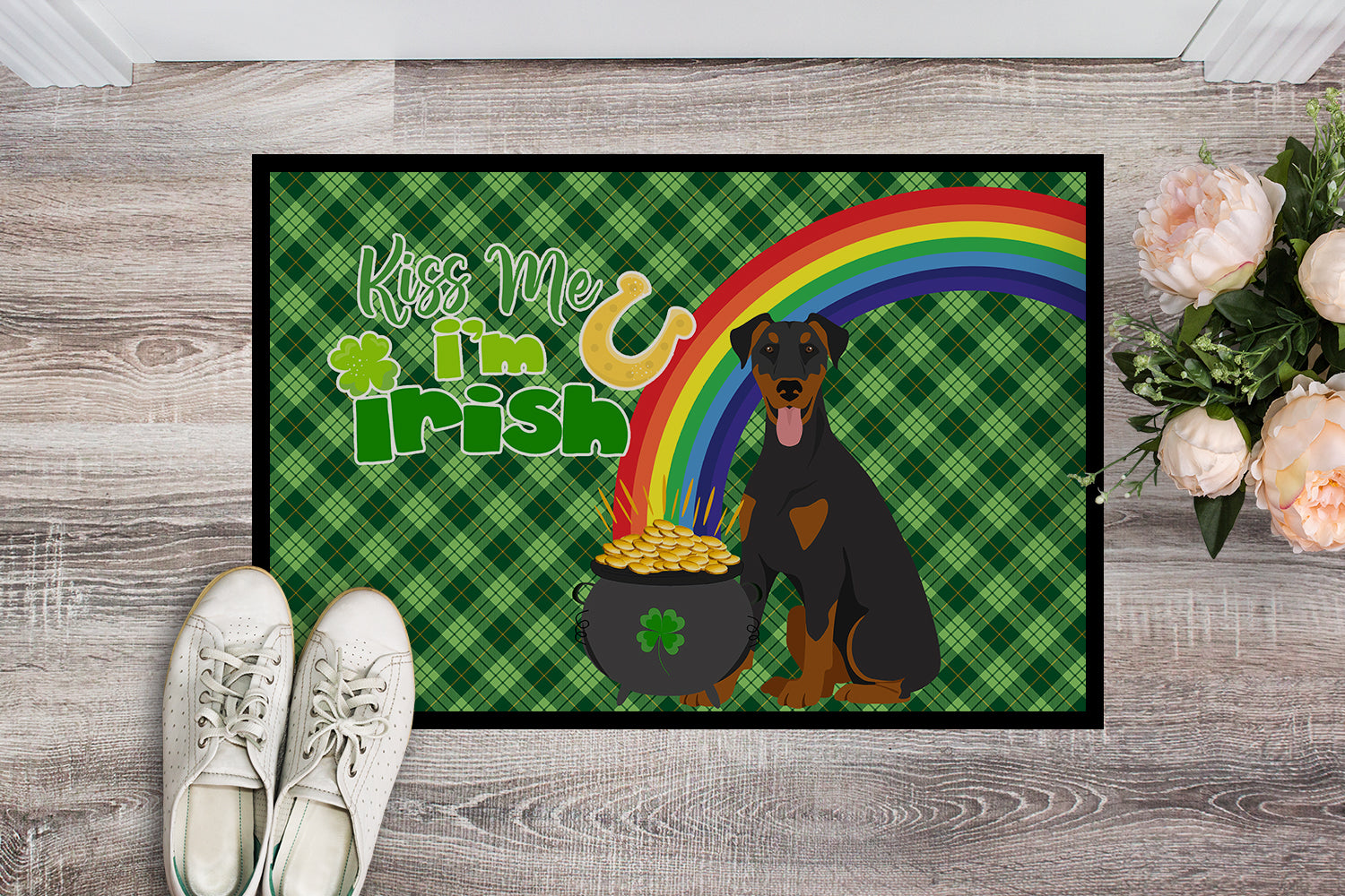 Natural Ear Black and Tan Doberman Pinscher St. Patrick's Day Indoor or Outdoor Mat 24x36 - the-store.com