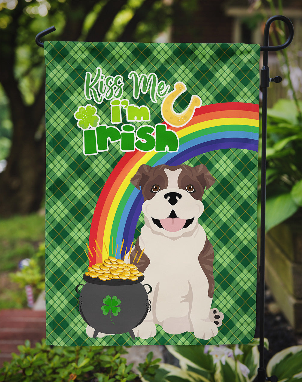 Brindle English Bulldog St. Patrick's Day Flag Garden Size  the-store.com.