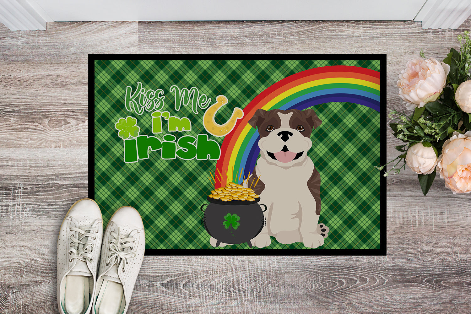 Brindle English Bulldog St. Patrick's Day Indoor or Outdoor Mat 24x36 - the-store.com