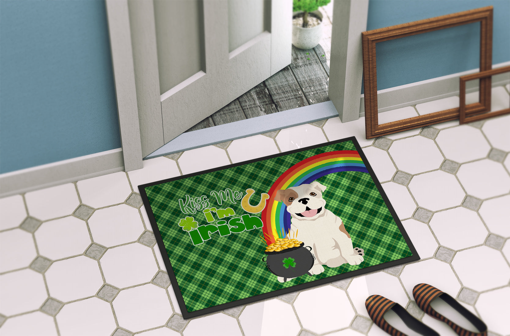 Piebald English Bulldog St. Patrick's Day Indoor or Outdoor Mat 24x36 - the-store.com