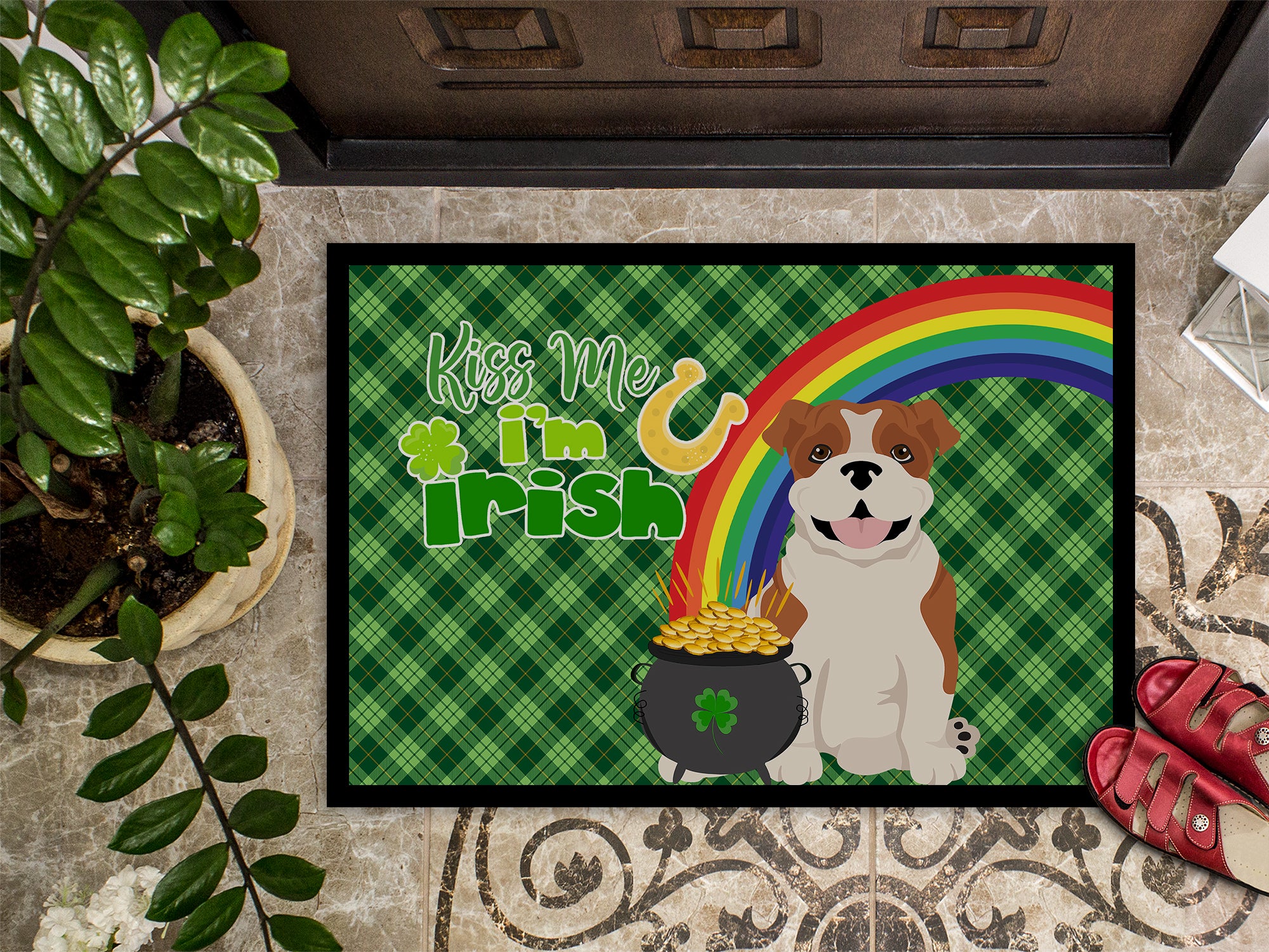 Red English Bulldog St. Patrick's Day Indoor or Outdoor Mat 24x36 - the-store.com