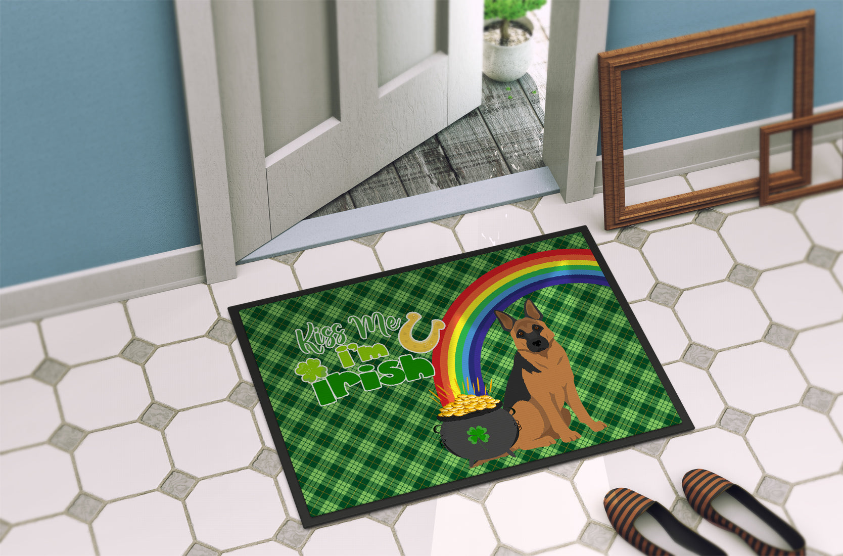 Black and Tan German Shepherd St. Patrick's Day Indoor or Outdoor Mat 24x36 - the-store.com