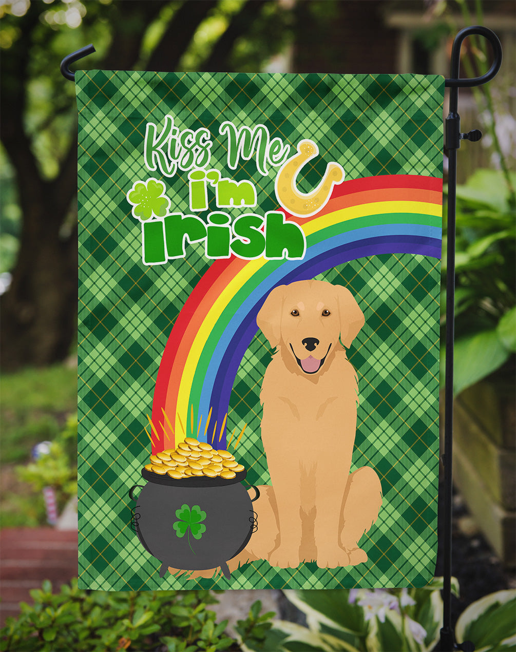 Gold Golden Retriever St. Patrick's Day Flag Garden Size  the-store.com.