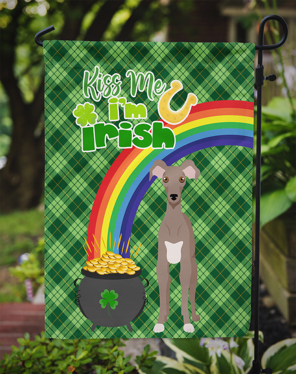 Fawn Italian Greyhound St. Patrick's Day Flag Garden Size  the-store.com.