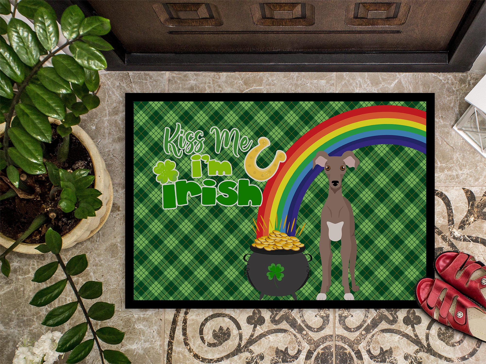 Fawn Italian Greyhound St. Patrick's Day Indoor or Outdoor Mat 24x36 - the-store.com