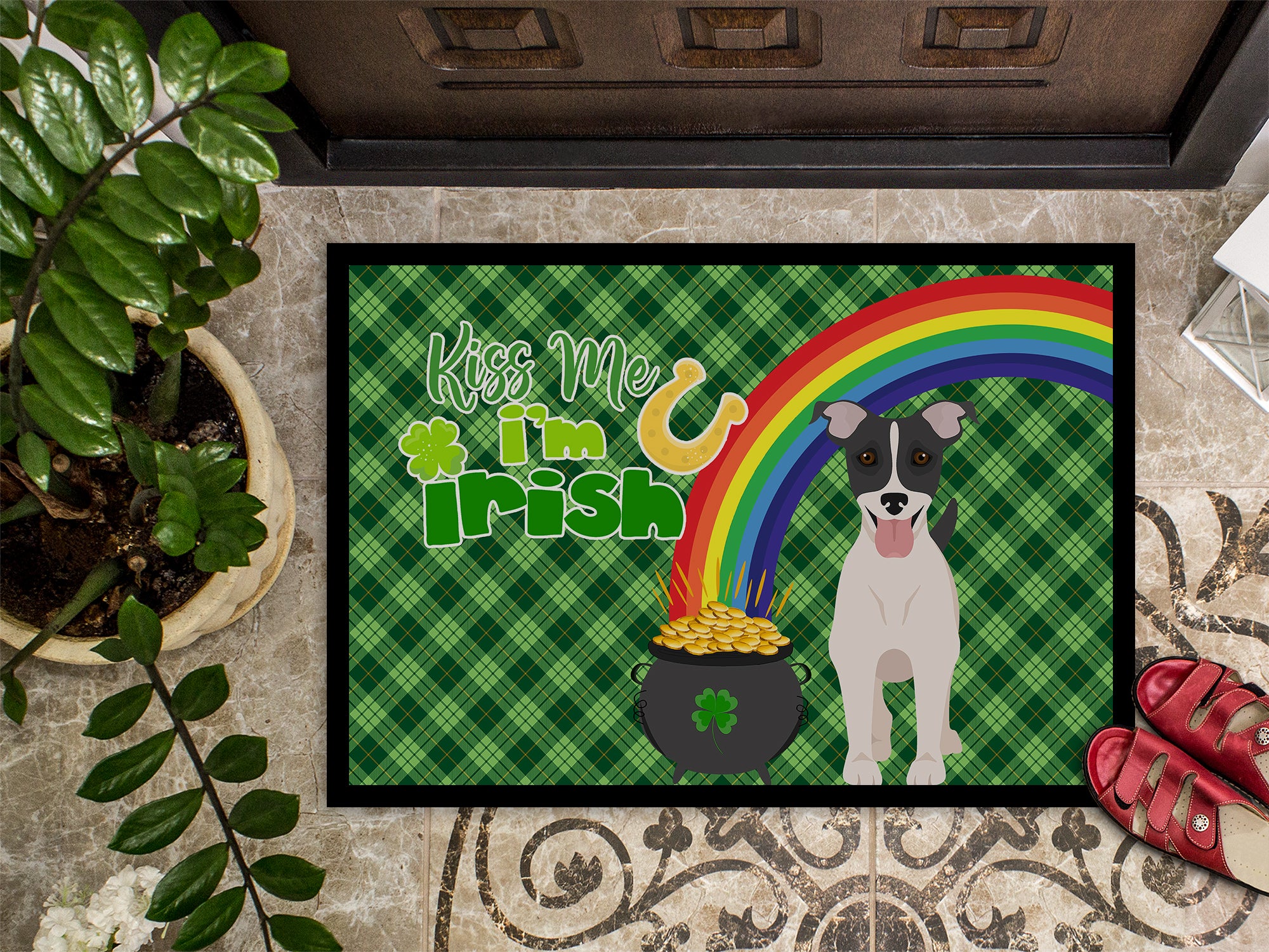 Black White Smooth Jack Russell Terrier St. Patrick's Day Indoor or Outdoor Mat 24x36 - the-store.com