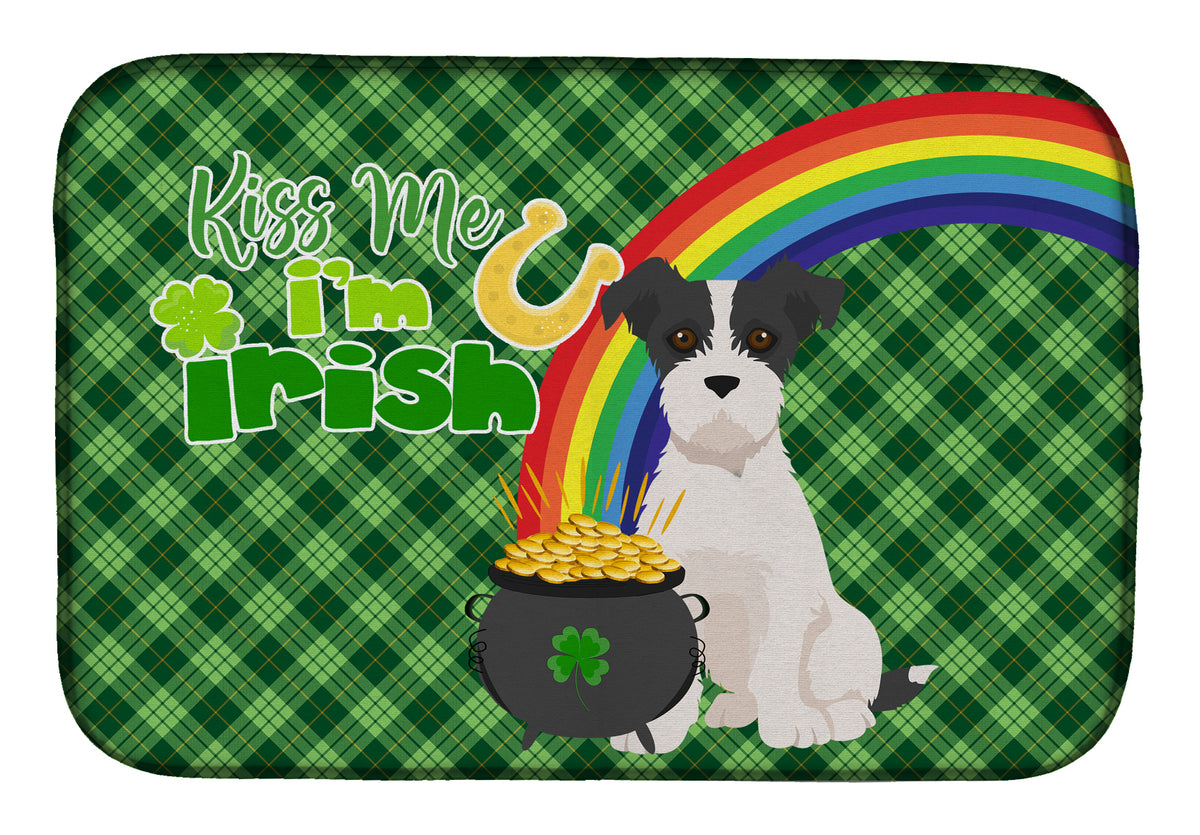 Black White Wirehair Jack Russell Terrier St. Patrick&#39;s Day Dish Drying Mat  the-store.com.