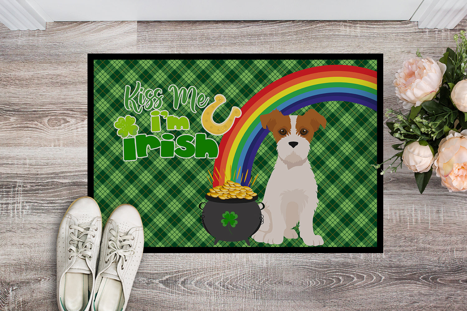 Brown White Wirehair Jack Russell Terrier St. Patrick's Day Indoor or Outdoor Mat 24x36 - the-store.com