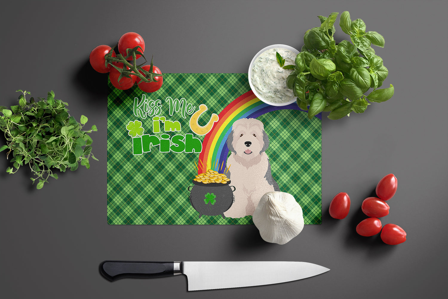 Old English Sheepdog St. Patrick's Day Glass Cutting Board Large - the-store.com
