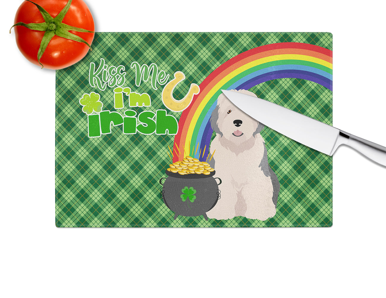 Old English Sheepdog St. Patrick's Day Glass Cutting Board Large - the-store.com