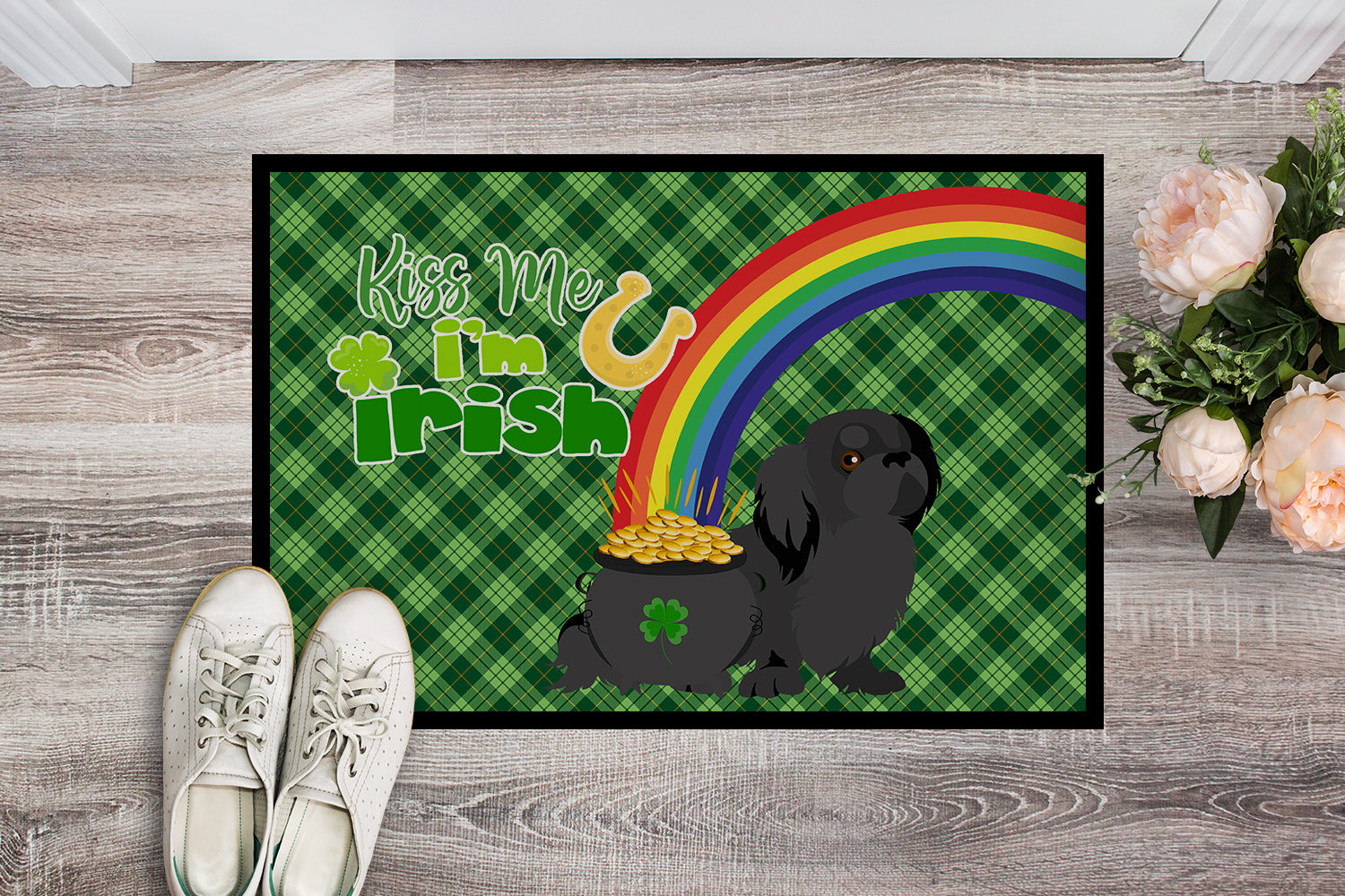 Black Pekingese St. Patrick's Day Indoor or Outdoor Mat 24x36 - the-store.com