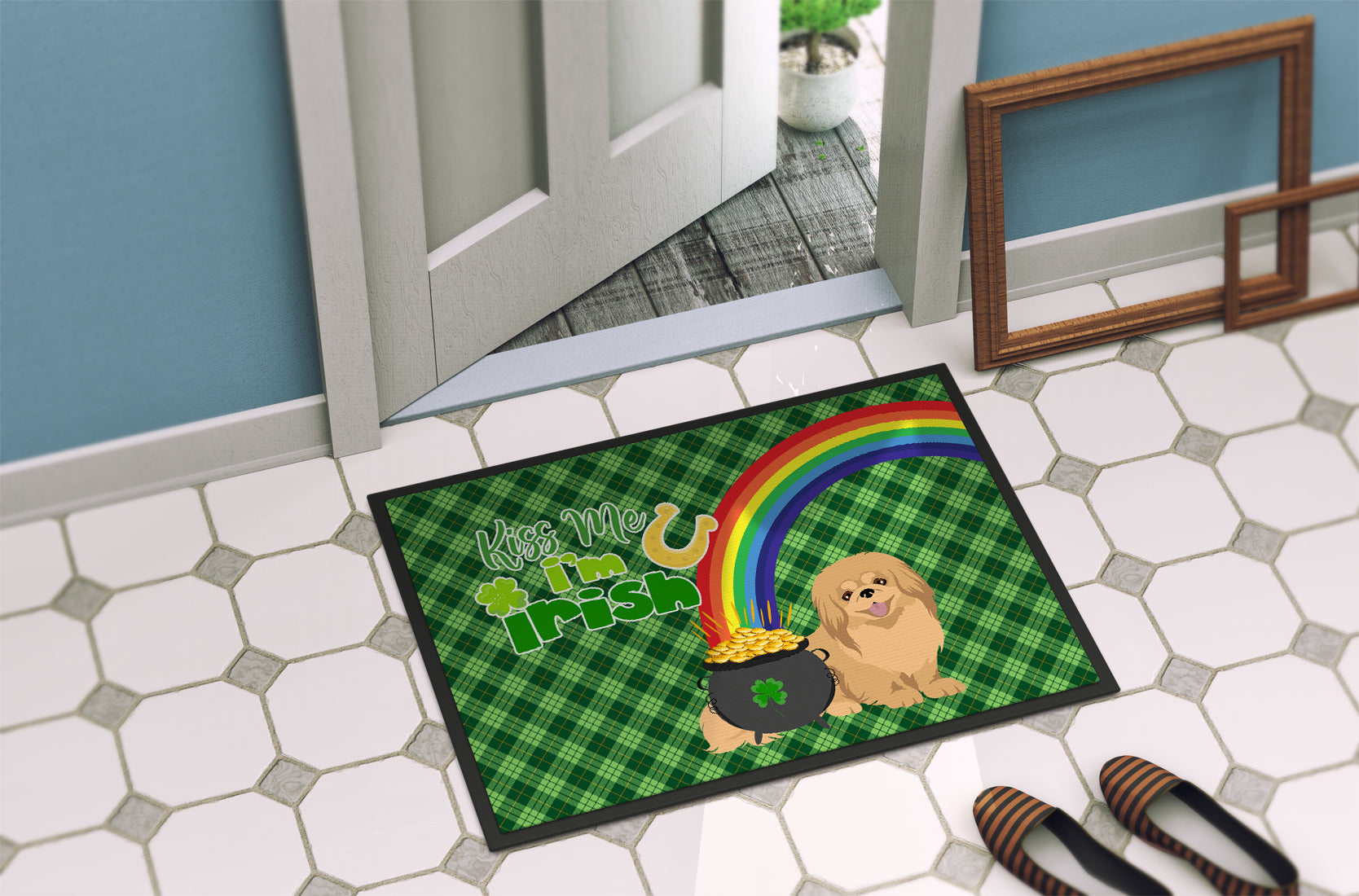 Gold Pekingese St. Patrick's Day Indoor or Outdoor Mat 24x36 - the-store.com