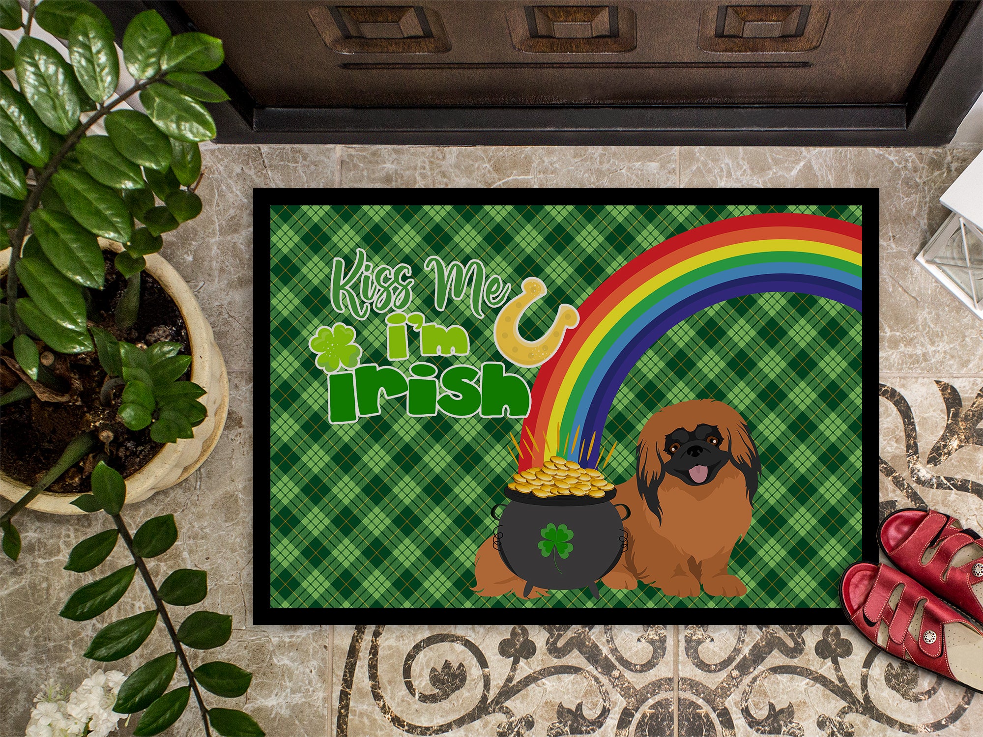 Red Pekingese St. Patrick's Day Indoor or Outdoor Mat 24x36 - the-store.com