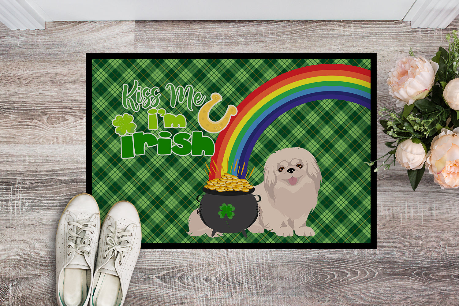 White Pekingese St. Patrick's Day Indoor or Outdoor Mat 24x36 - the-store.com