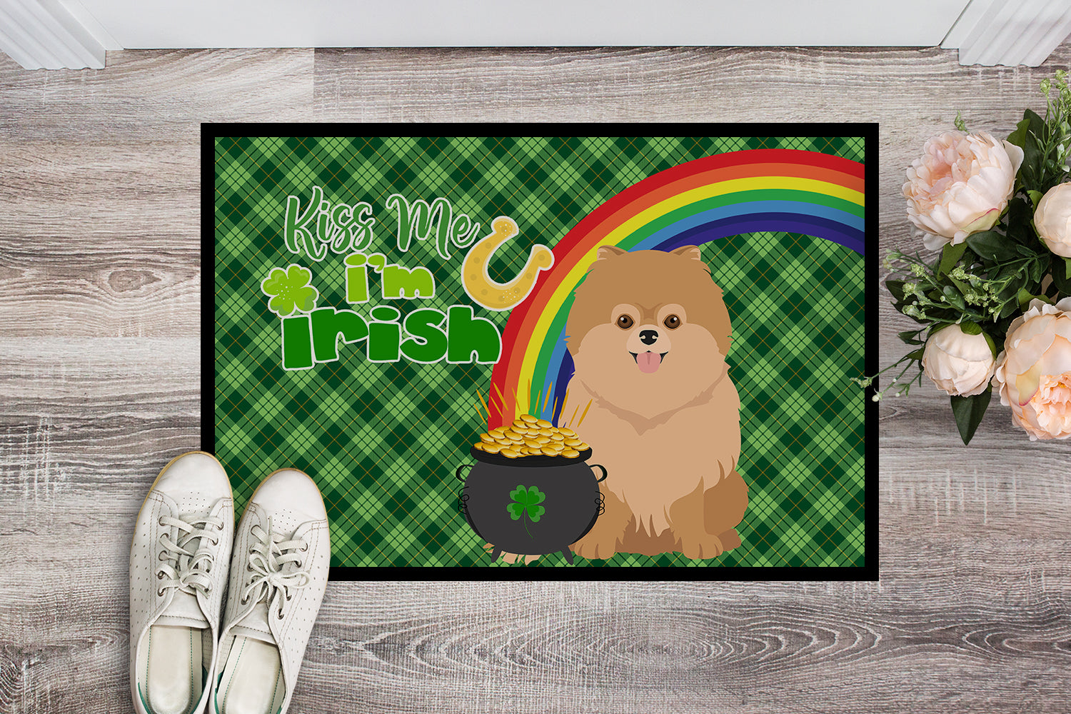 Orange Pomeranian St. Patrick's Day Indoor or Outdoor Mat 24x36 - the-store.com