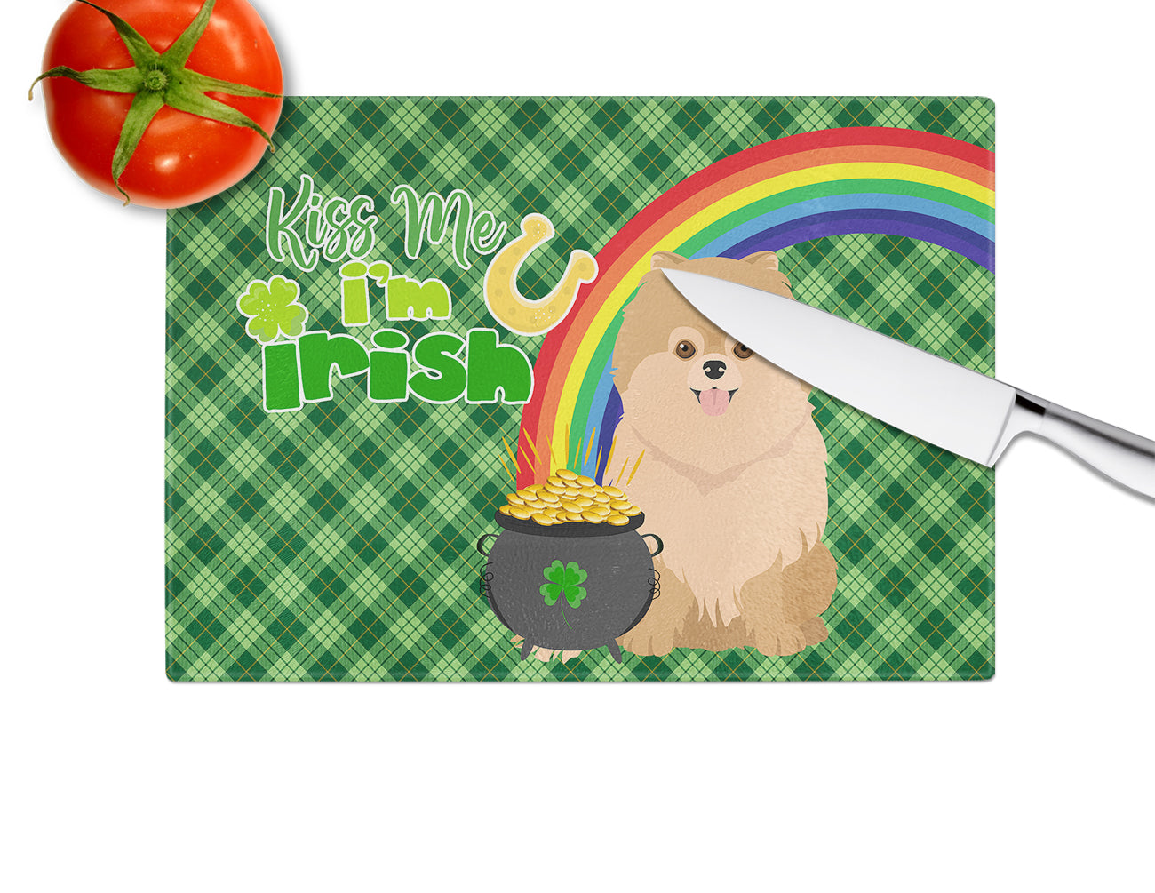 Orange Pomeranian St. Patrick's Day Glass Cutting Board Large - the-store.com