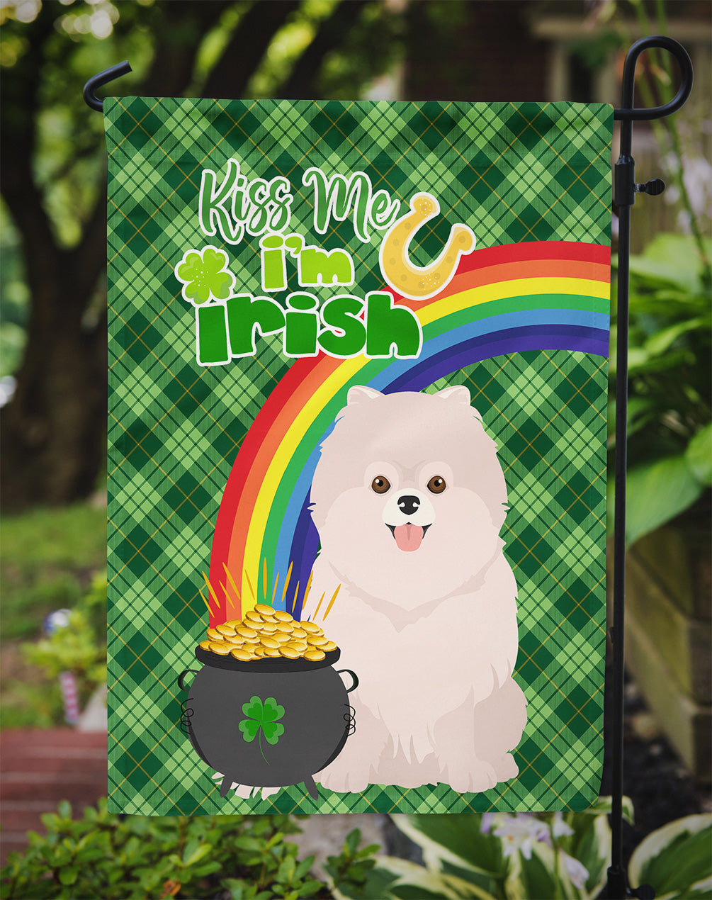 White Pomeranian St. Patrick's Day Flag Garden Size  the-store.com.