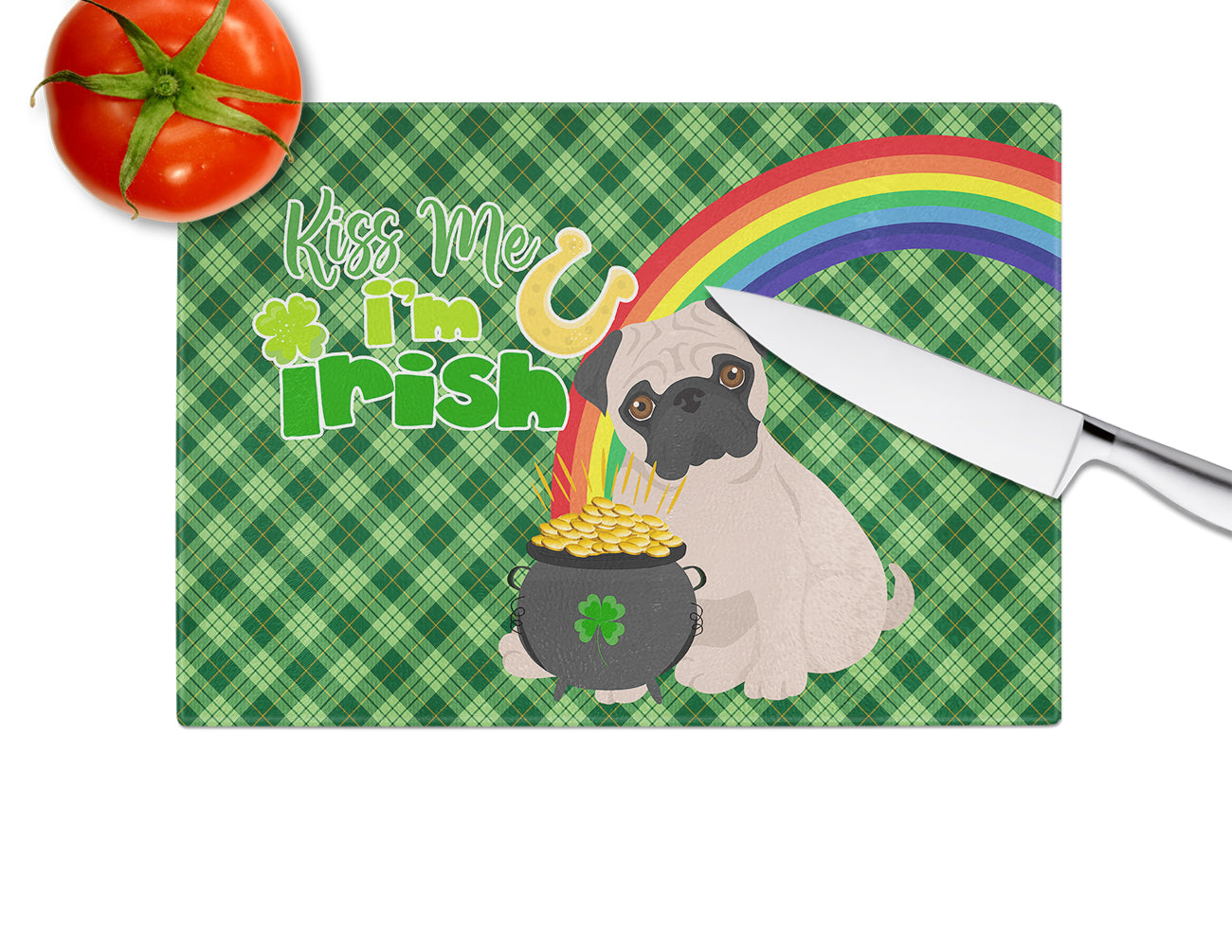 Fawn Pug St. Patrick's Day Glass Cutting Board Large - the-store.com