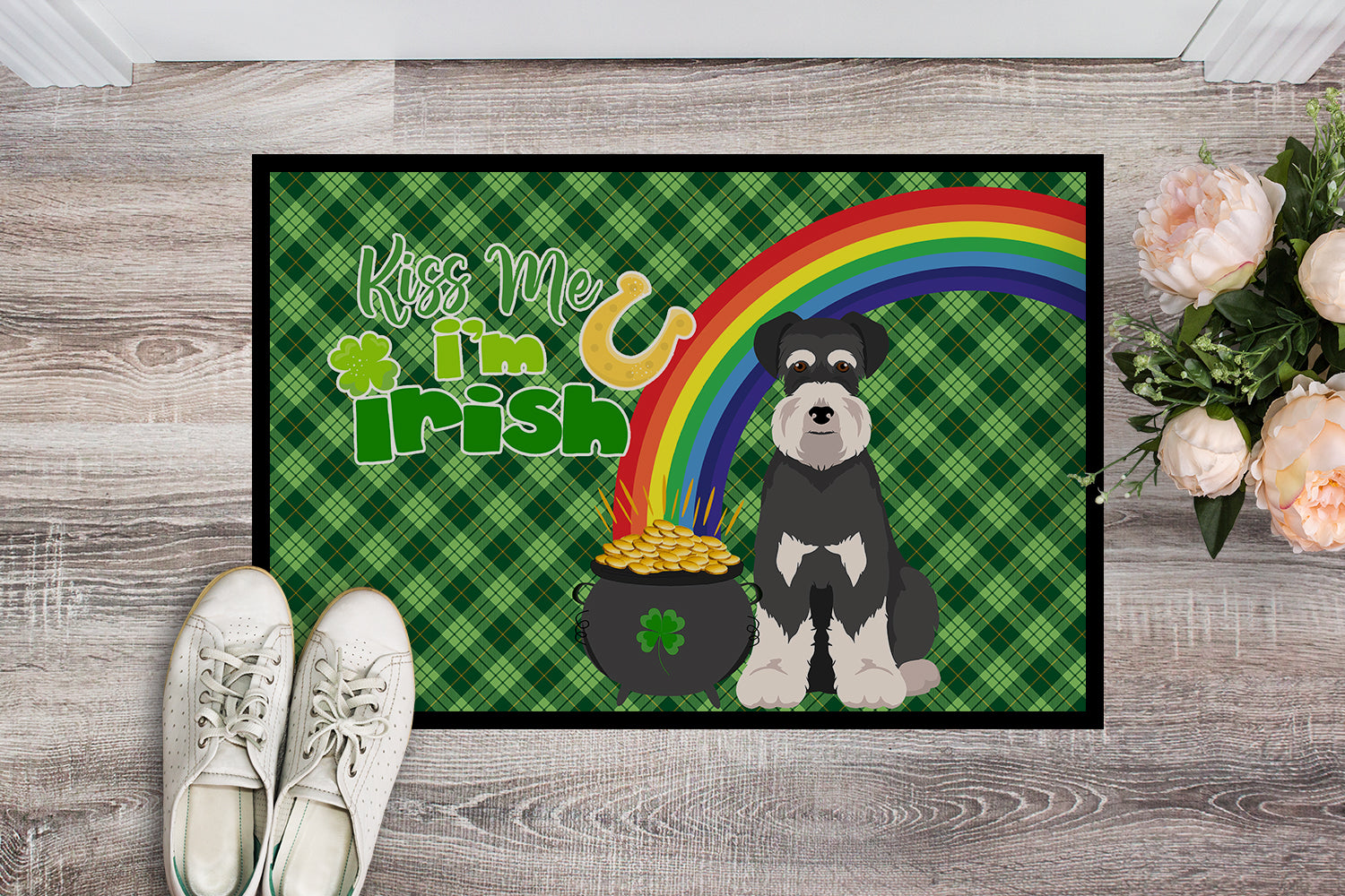 Black and Silver Natural Ears Schnauzer St. Patrick's Day Indoor or Outdoor Mat 24x36 - the-store.com